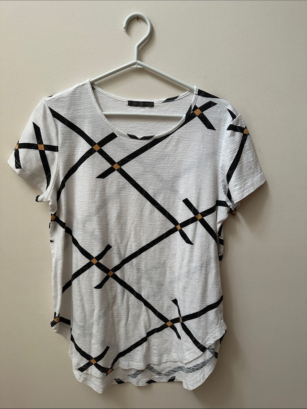 2/$20 White Tee with Black Plaid and Gold Dot Details